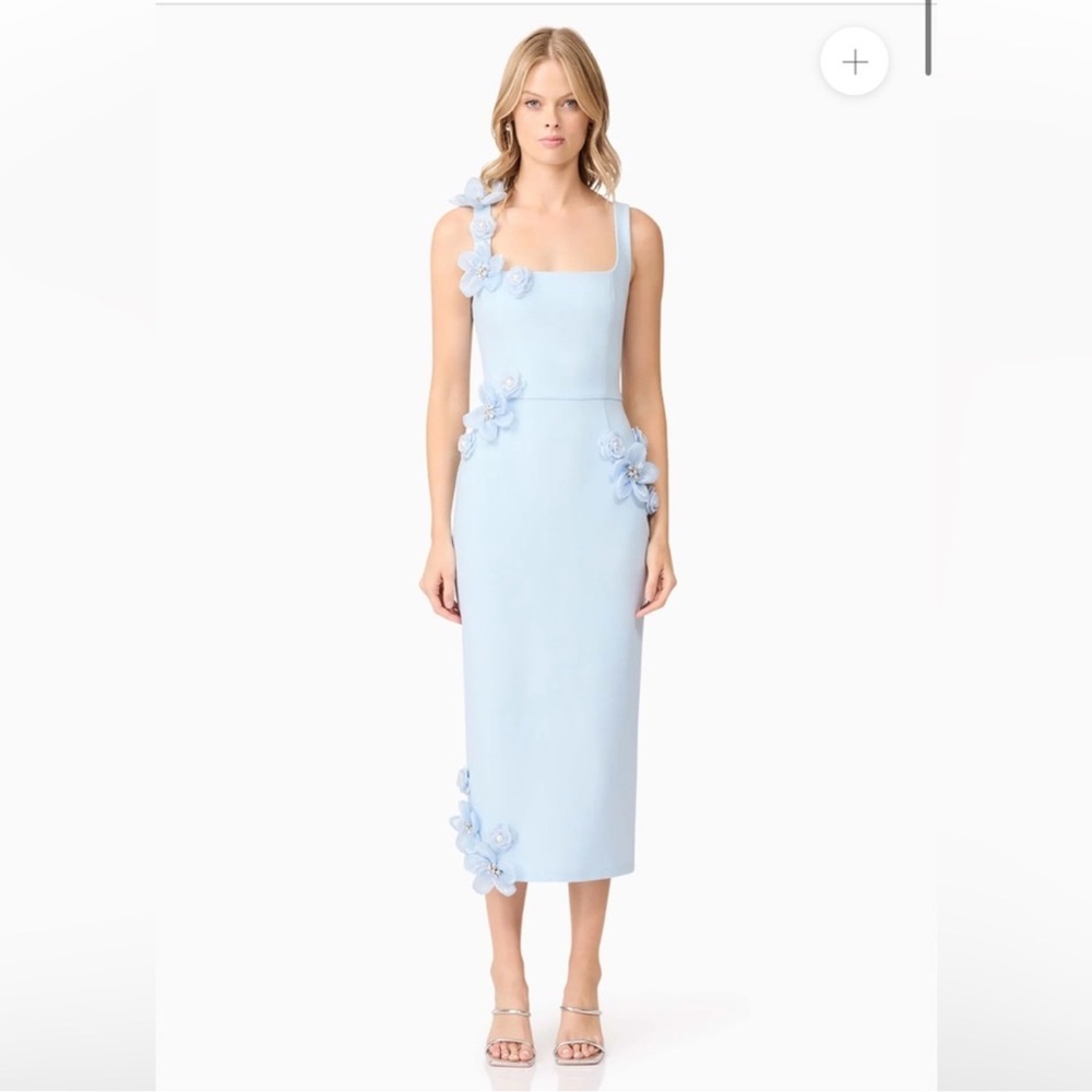 elliatt chantelle blue 3d floral applique fitted midi spring dress size XS.